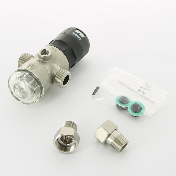 Редуктор давления 1/2" 1.5-7 бар PN16 D1 Inox нерж. сталь, для х/в, пластик. колба, с разъем. соед
