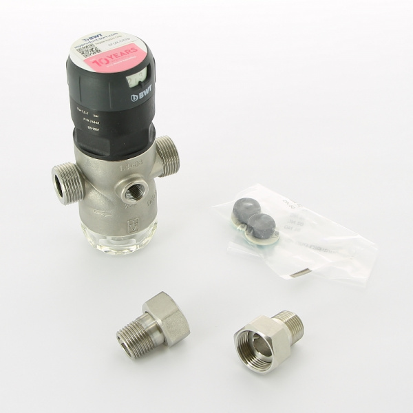 Редуктор давления 1/2" 1.5-7 бар PN16 D1 Inox нерж. сталь, для х/в, пластик. колба, с разъем. соед