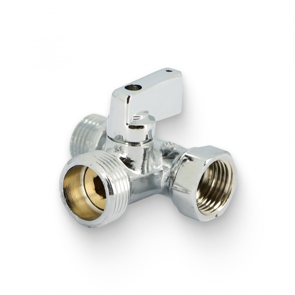 Кран шаровой ННВ 1/2" x 3/4" х 1/2" проходной для стиральных машин, флажок, хром