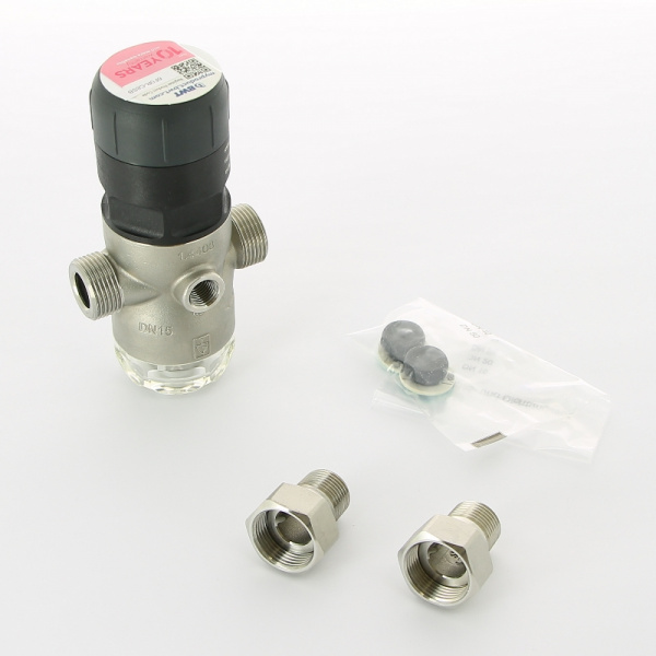 Редуктор давления 1/2" 1.5-7 бар PN16 D1 Inox нерж. сталь, для х/в, пластик. колба, с разъем. соед